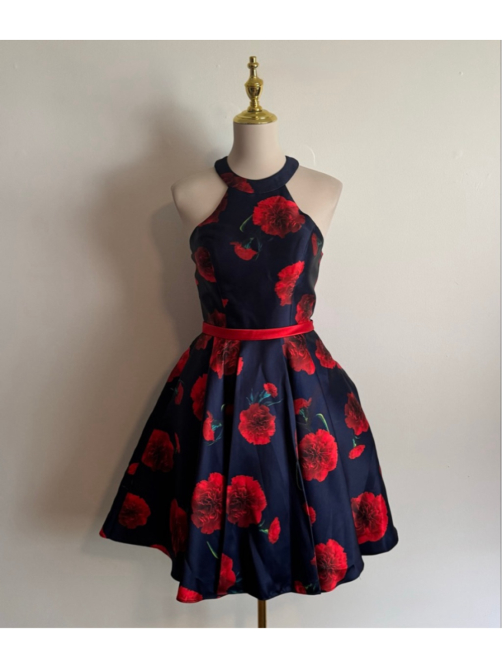 Women's Let's Navy Red Floral Halter Mini Dress XS